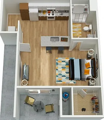 Studio with washer and dryer, granite counter tops, and modern finishes. Studio with washer and dryer, granite counter tops, and modern finishes.