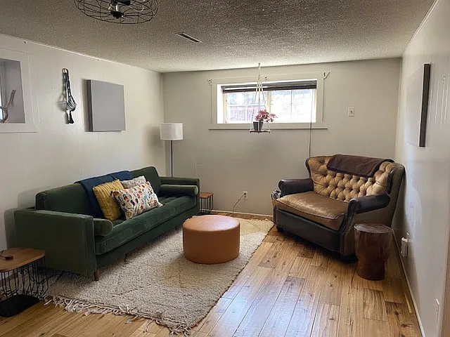 Living room with West facing window and opaque window into garage