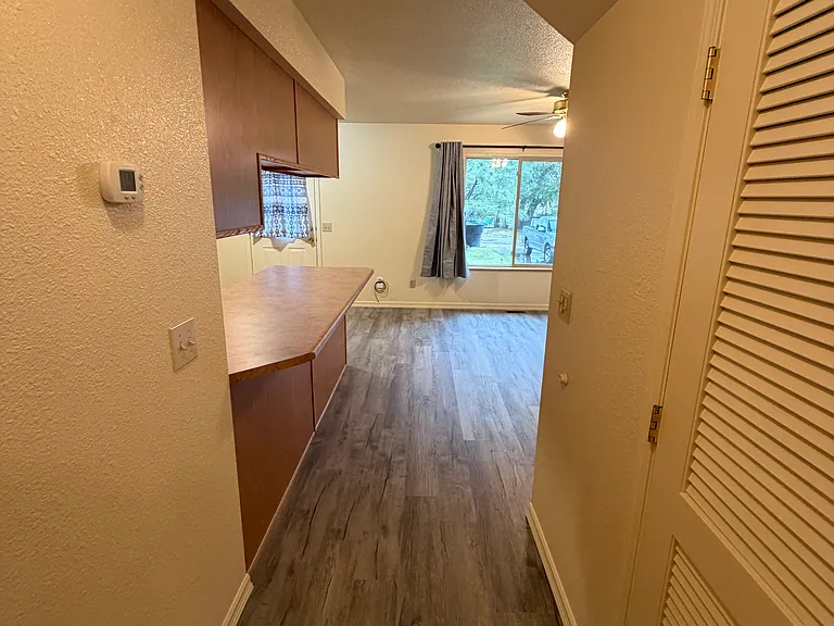 Hallway to living room and kitchen.