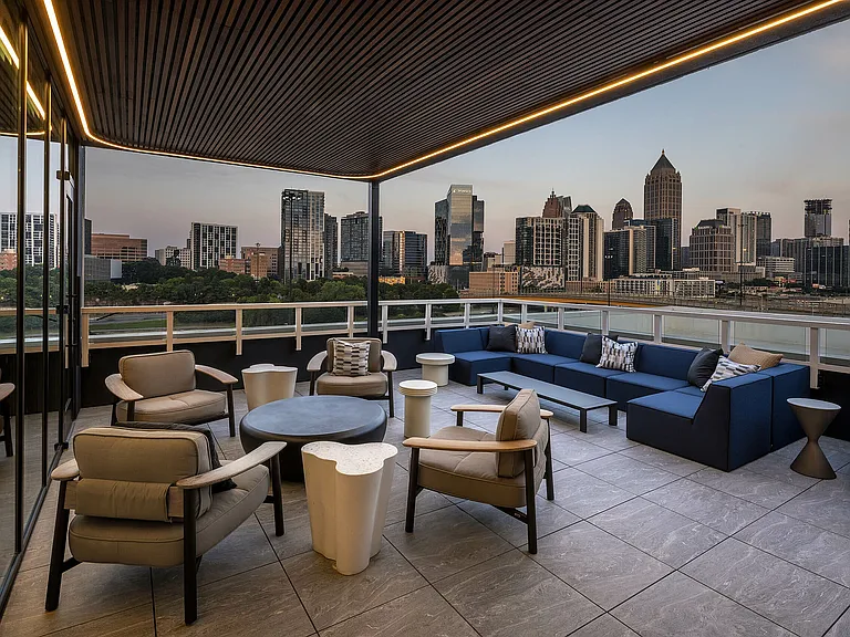 Rooftop patio with city skyline views