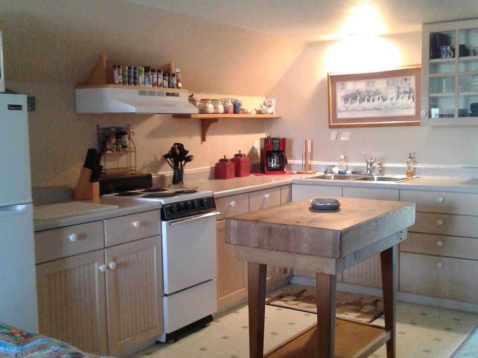 Kitchen with refrigerator, electric stove no dishwasher.