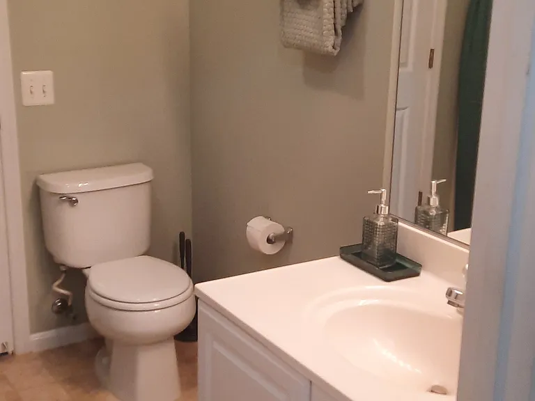 Guest Bathroom, two entrances lead into guest bedroom and main hallway. Has full bath.