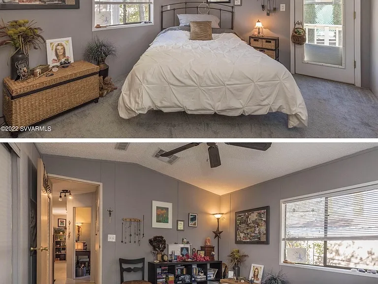 Beautiful large master bedroom has an amazing full wall double closet and private entry door to back patio. Pine tree view outside window.
