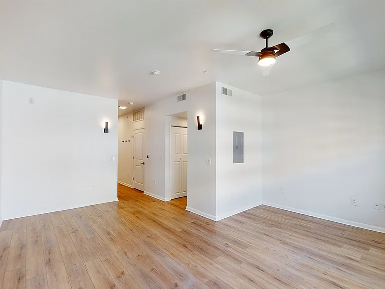 Apartment living room with wood-style flooring.