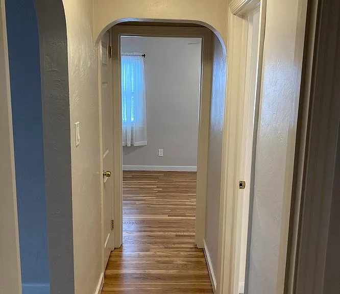 hallway by bathroom and bedrooms with large closet