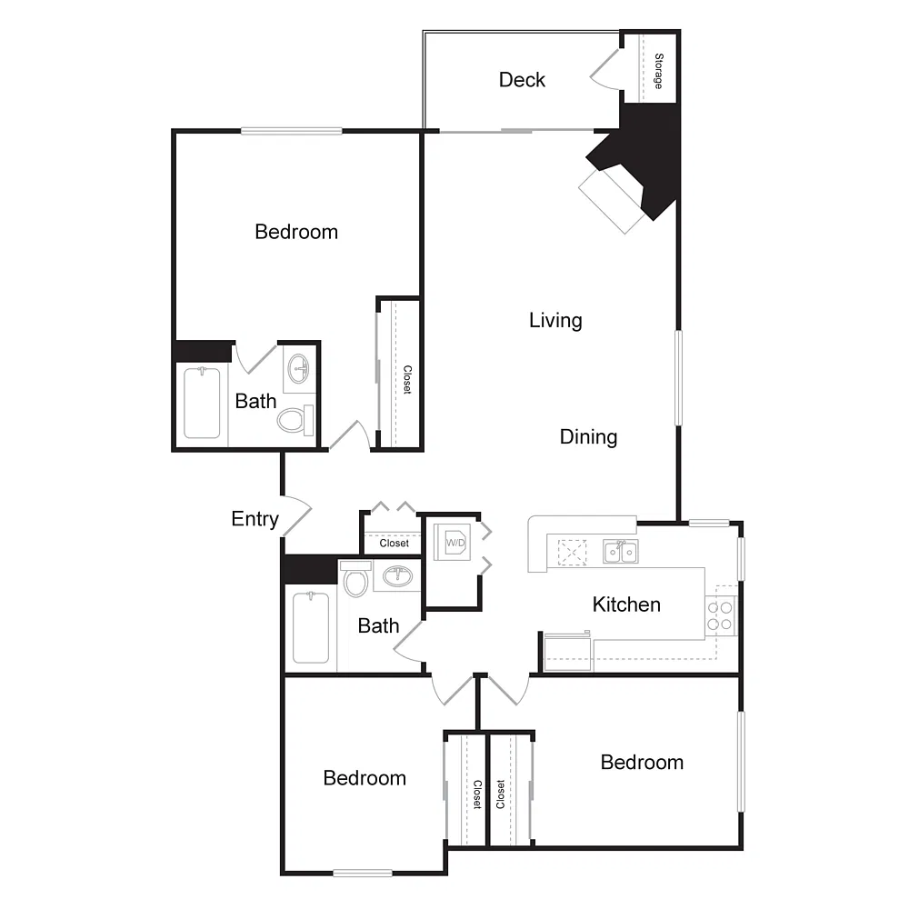 Floor plan Three Bedroom, Two Bathroom (1245 sq ft)