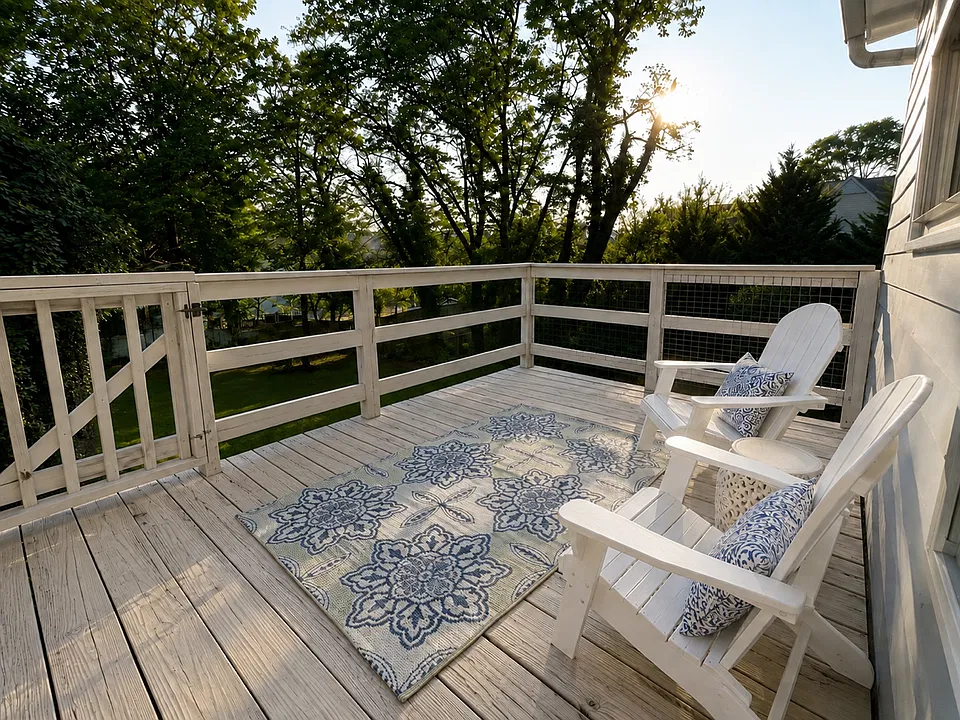 Private rear deck overlooking the backyard--perfect for morning coffee or unwinding at the end of the day