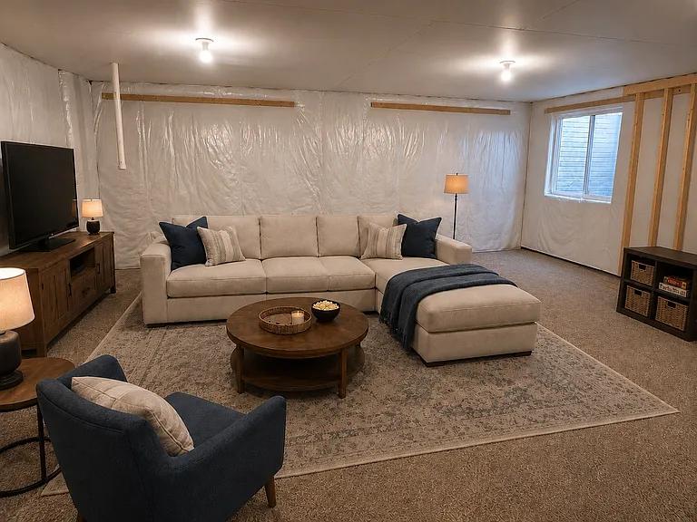 Carpet padding and plush carpet have been placed on the basement floor, making this area ideal for lounging or recreation.