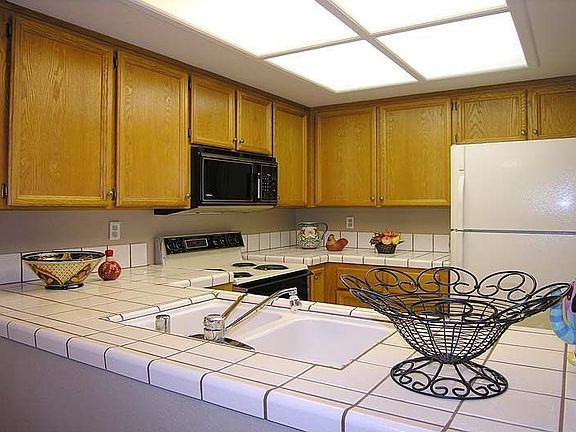 Kitchen over looks into the dining