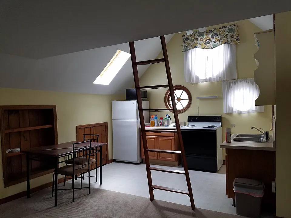 Kitchen dining area. Full size frig, stove and cabinet, sky lights, book case, storage in eves.