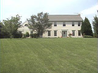 Front view of house, several trees 