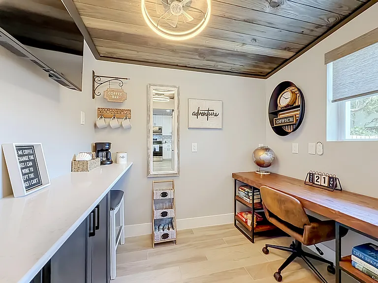 Desk included with a view to the back yard!