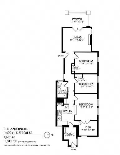 Floor plan 2 Bedroom, 1 Bath + Den