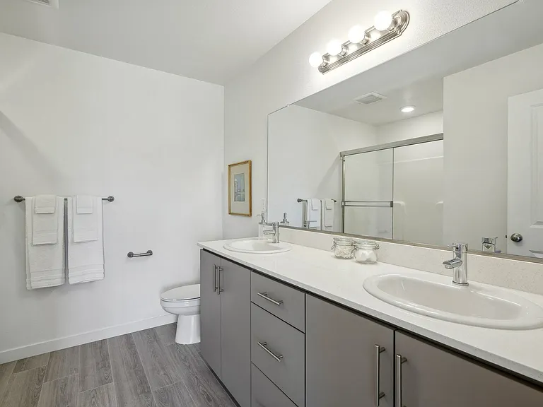 Bathroom with large double-vanity.