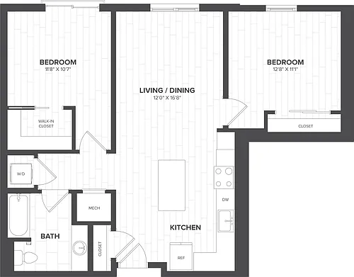Floor plan 2 Bed-1 Bath-BA1