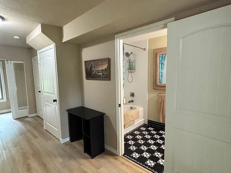 Hall has storage space under stairs, a panty and a linen closet
