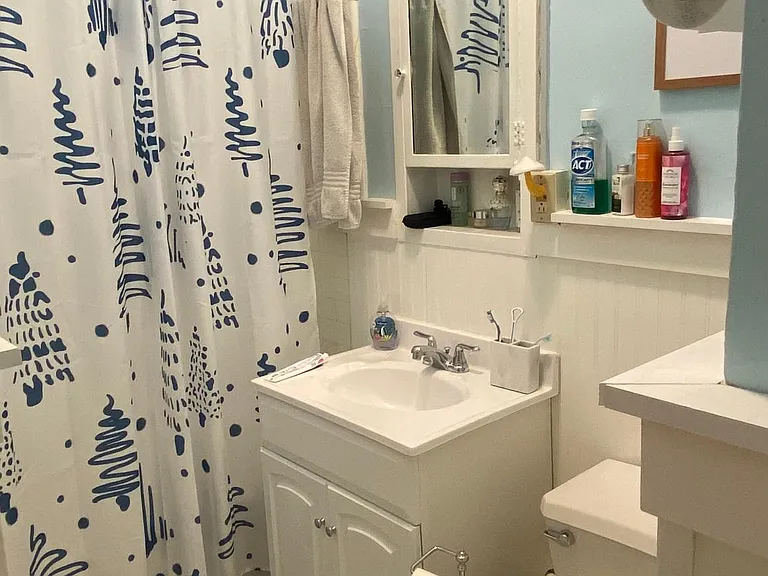 Bathroom vanity, toilet, and bathtub