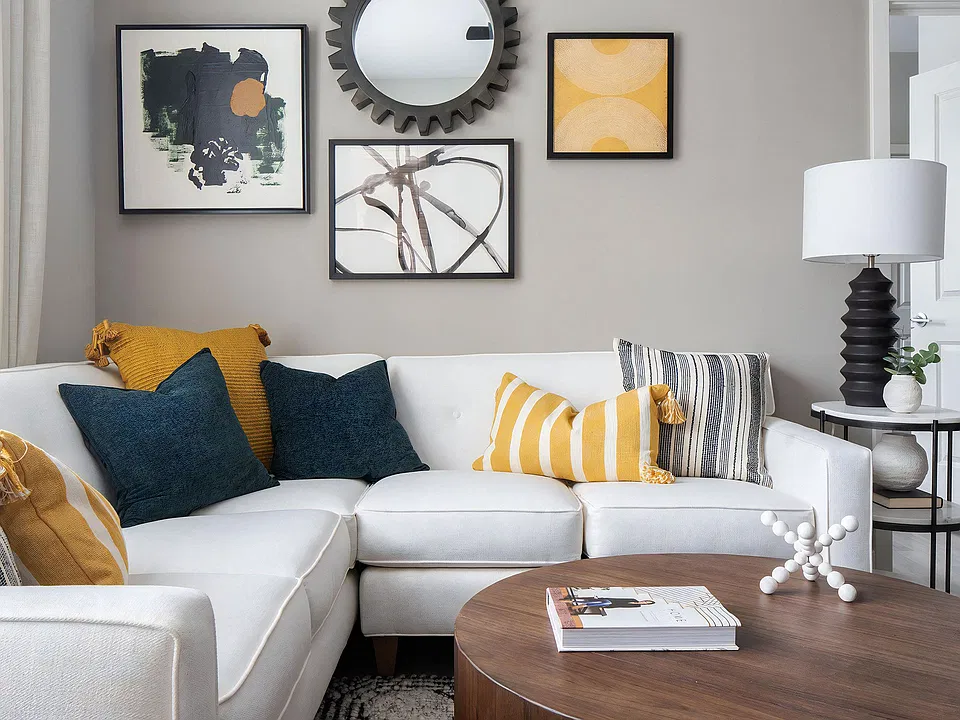 This corner takes a full seating group with a side table at one end.
