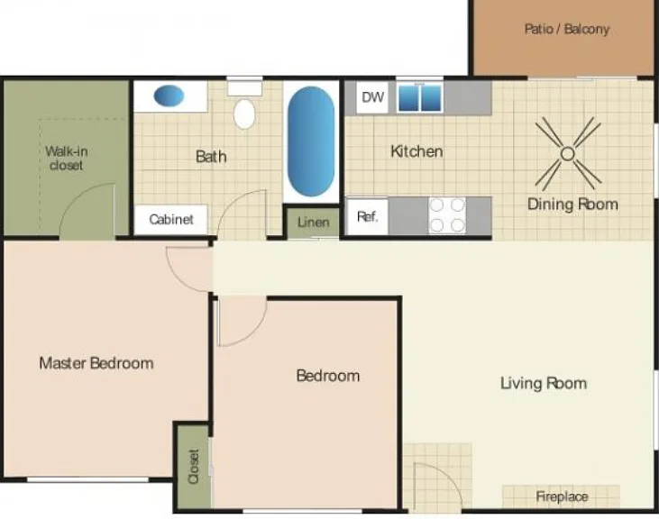 2 Bed 1 Bath Floorplan Diagram