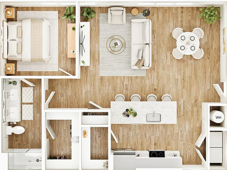 Explore this elegant one-bedroom apartment with an open floor plan designed for modern living. Explore this elegant one-bedroom apartment with an open floor plan designed for modern living.