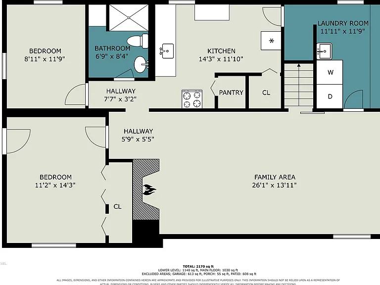 1BR, 1 Bath plus bonus room/office, dining area & laundry room with private entry on lower level. There is also an interior staircase easily connecting you to the main level living area.