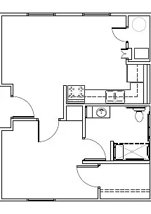 Charming floor plan showcasing a well-designed one-bedroom apartment with a cozy kitchen and spacious living area. Charming floor plan showcasing a well-designed one-bedroom apartment with a cozy kitchen and spacious living area.