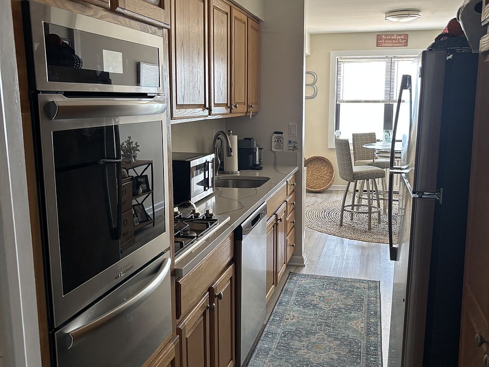 Kitchen with stainless steel appliances.