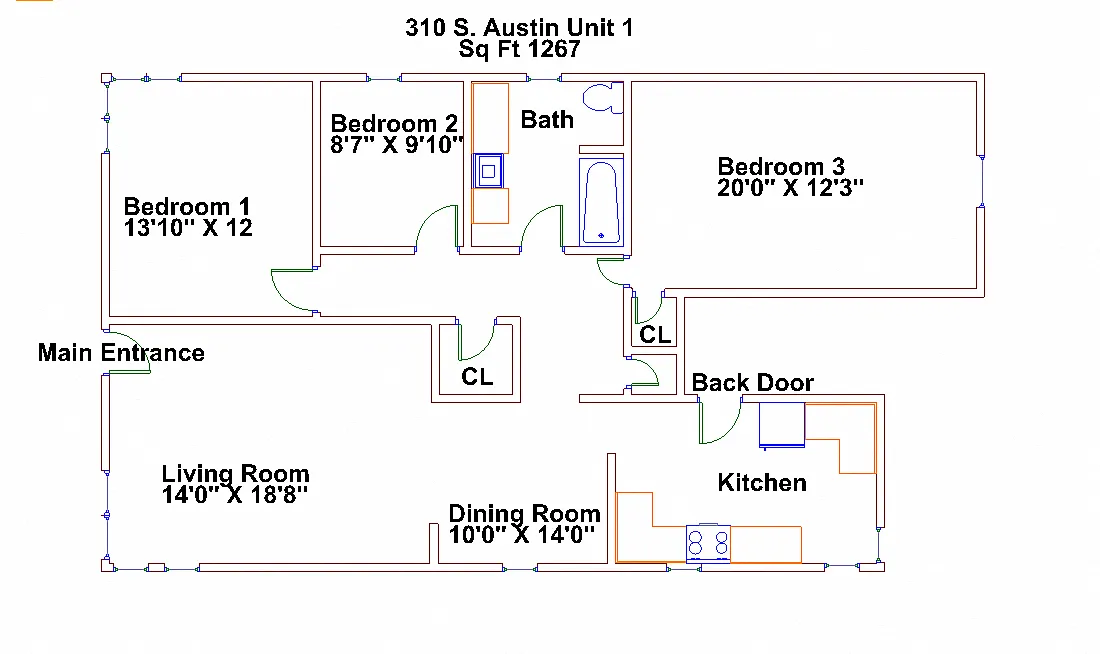 Floor plan 310 S. Austin 3 Bedrooms