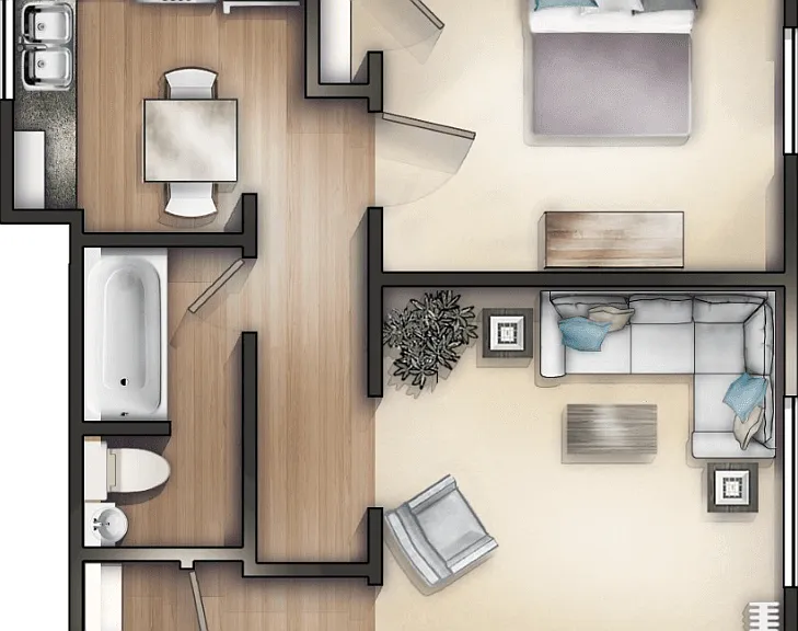 1 Bed 1 Bath Floorplan Diagram