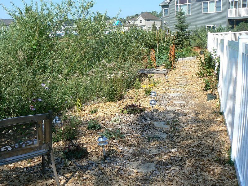 Perennial and vegetable garden on pond
