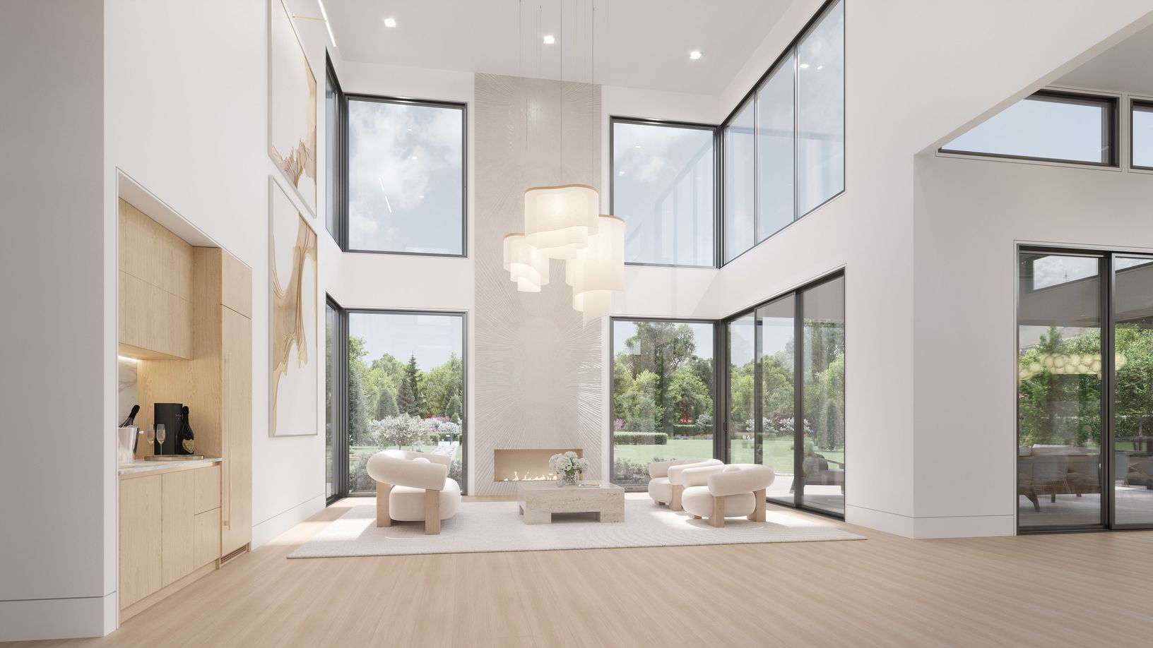 Anchored by a sleek linear fireplace and complemented by a built-in bar with wine cooler.