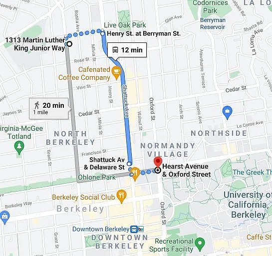 1 mile (20-minutes) walk to UC or 12-minutes by bus.