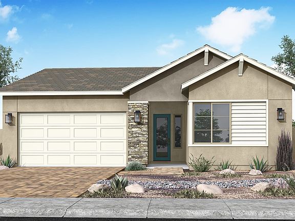 A single-story house with a beige exterior, a tiled roof, and a paved driveway leading to a garage d