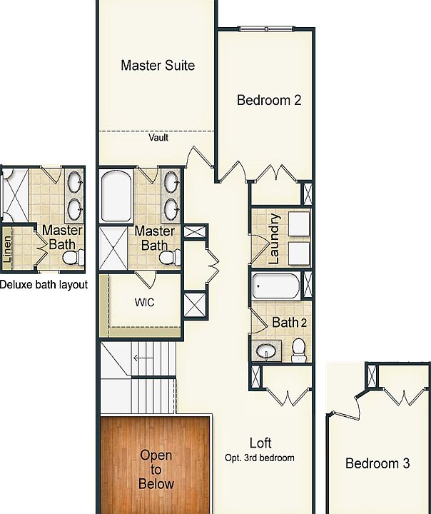 Second floor has a loft second bedroom and full bath as well as the master suite
