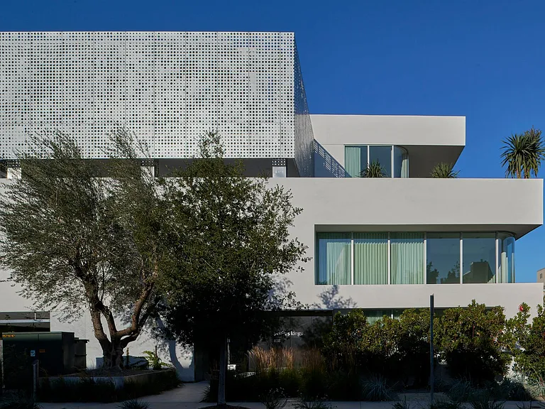 View of Facade from Kings Rd. _ A contemporary composition of clean lines designed to create a dynamic interplay between light and shadow throughout the day.