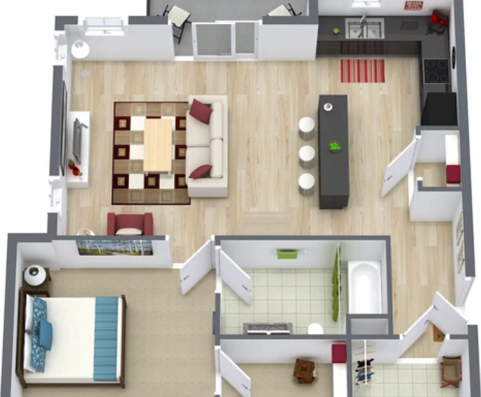 1 Bed 1 Bath Floorplan Diagram