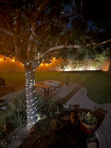 Gorgeous backyard with fire pit, up- coming 3-hole LED lit, putting green and All Play turf is 55' wide and its narrowist part is 20' wide. Structured Pickleball could be played back here!