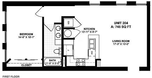 Floor plan 1 Bedroom 1 Bath Unit - 204