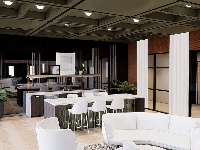 Work lounge with private work pods (Rendering)