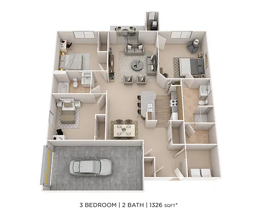 Floor plan Three Bedroom 2 Bath- 1,326 sqft