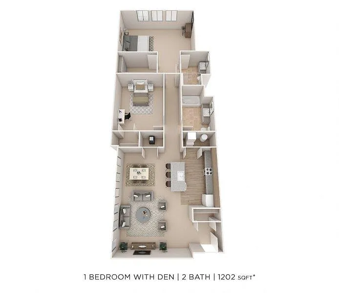 Floor plan One Bedroom 2 Bath w/ Den- 1202 sqft