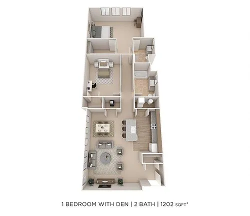 Floor plan One Bedroom 2 Bath w/ Den- 1202 sqft