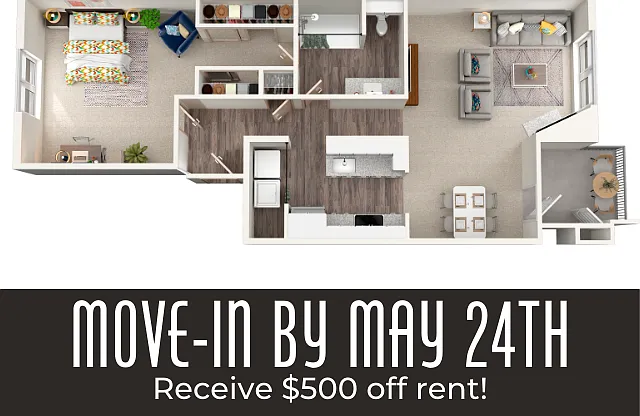 Move into a 1 Bed / 1 Bath home by May 24th and get $500 off your rent. Move into a 1 Bed / 1 Bath home by May 24th and get $500 off your rent.