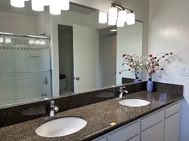 Custom features include tub/shower glass doors and full mirrored wall.