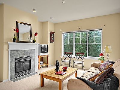 Living room with gas fireplace and window with greenbelt view.