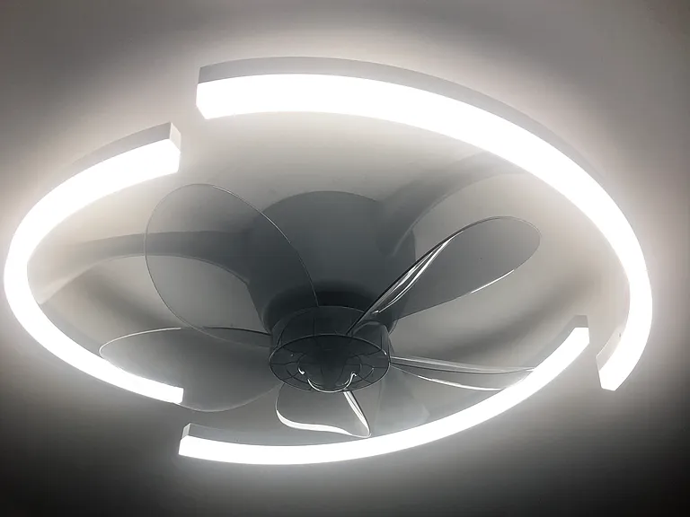 Bedroom lighting with fan and remote. LED spectrum (yellow to blue) adjustable light, intensity (bright to dim).