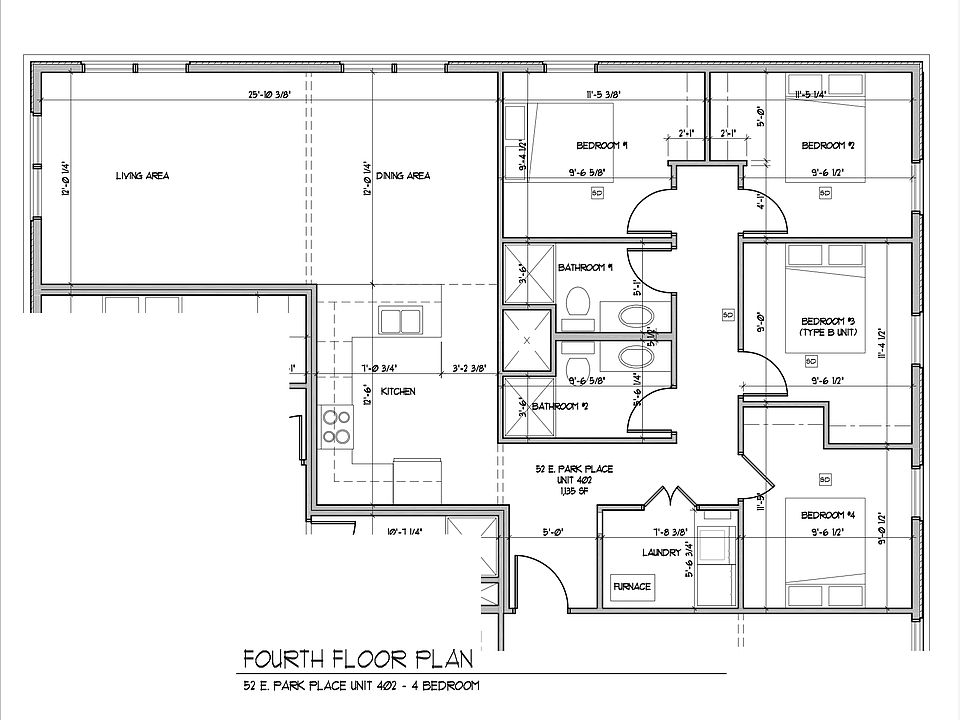 #402 Floor plan
Large shared living space and open concept kitchen with separated bedroom wing for privacy.