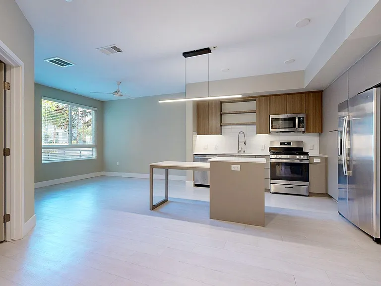 Apartment Kitchen with Stainless Steel Appliances, Dining and Living Room with Wood-Style Flooring.