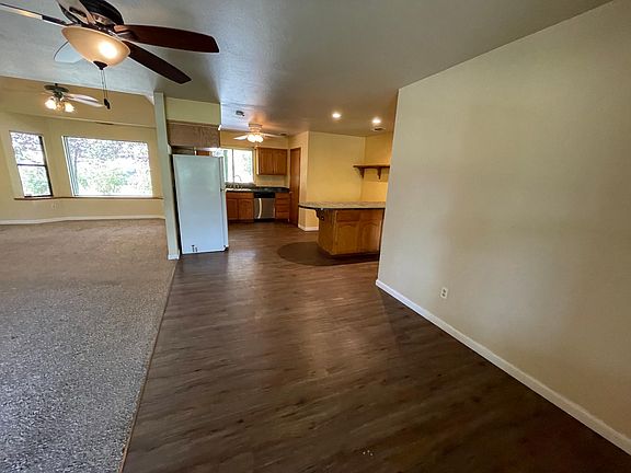 Kitchen, living and dining spaces.