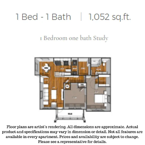 Floor plan 1 Bedroom one bath Study